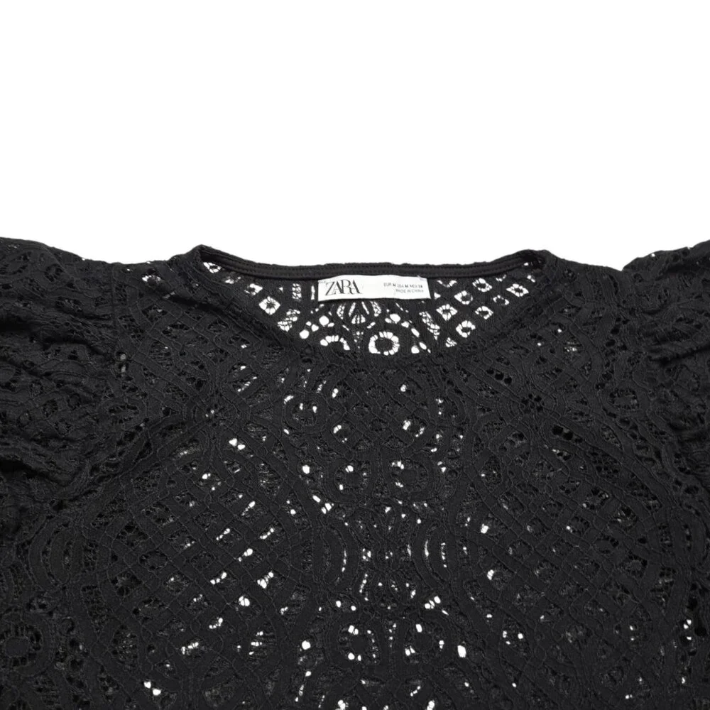 Zara Crop Top Women Medium Black‎ Sheer Open Knit Bell Sleeve Whimsigoth Ruffle